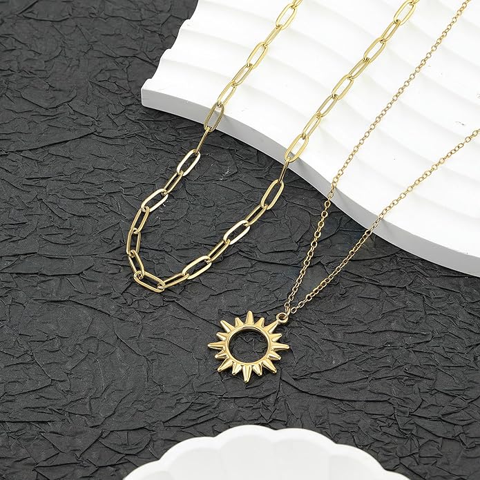 Sunflower Jewellery Layered Gold Dragon Pendant Necklace with Chain Link Choker, Gothic Fantasy Style, Double Chain Design