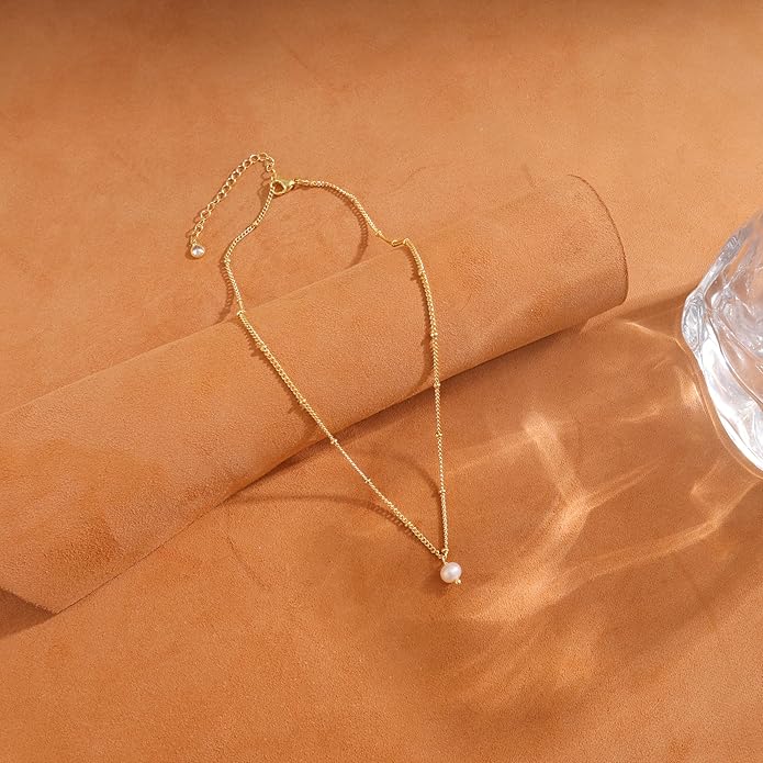 Pearl Necklace for Women Trendy,14k Gold Plated Necklace Dainty Wedding Necklace Small Cute Choker Necklace Beaded Lariat Drop Necklace Vintage Waterproof Jewelry for Women Gold Jewelry Fashion Gifts