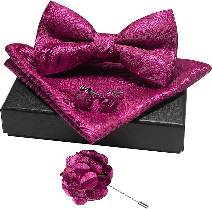 JEMYGINS Mens Paisley Bow Tie and Lapel Pin Necktie Pocket Square and Tie Clip with Sets for Business Casual 4PCS