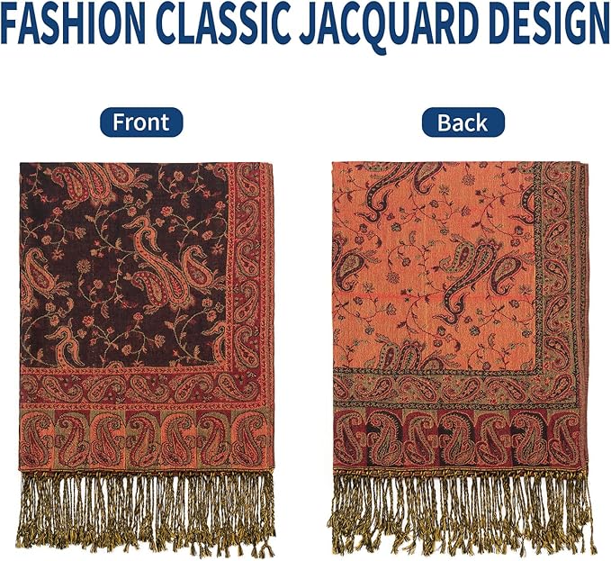 QIUTIMIY Paisley Pashmina Shawl Wrap Women Reversible Vintage Jacquard Pashmina Rave Scarf with Fringe for Evening, Wedding