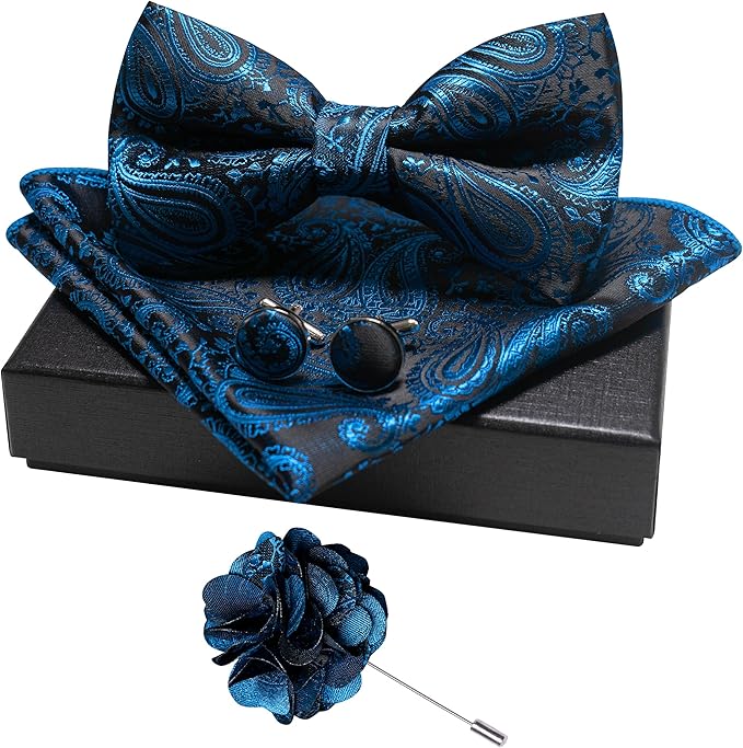 JEMYGINS Mens Paisley Bow Tie and Lapel Pin Necktie Pocket Square and Tie Clip with Sets for Business Casual 4PCS