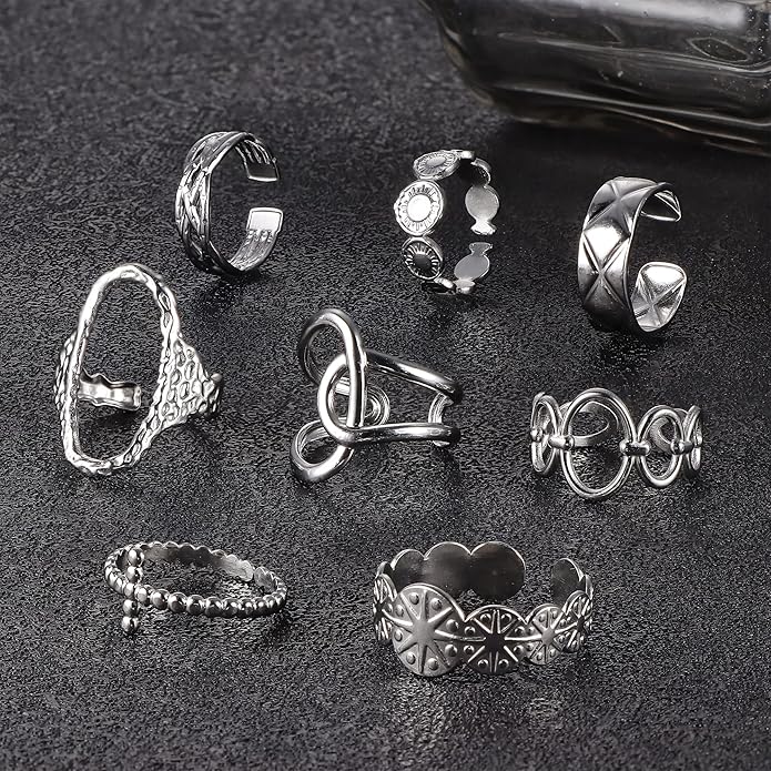 LOLIAS 16Pcs Stainless Steel Rings for Women Chunky Silver Rings Non Tarnish Stackable Ring Open Adjustable Thumb Finger Statement Rings Set