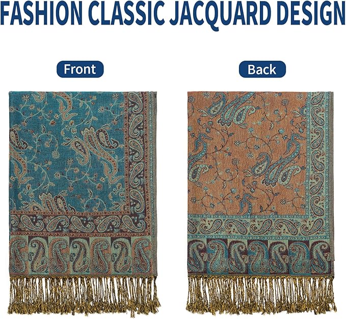 QIUTIMIY Paisley Pashmina Shawl Wrap Women Reversible Vintage Jacquard Pashmina Rave Scarf with Fringe for Evening, Wedding