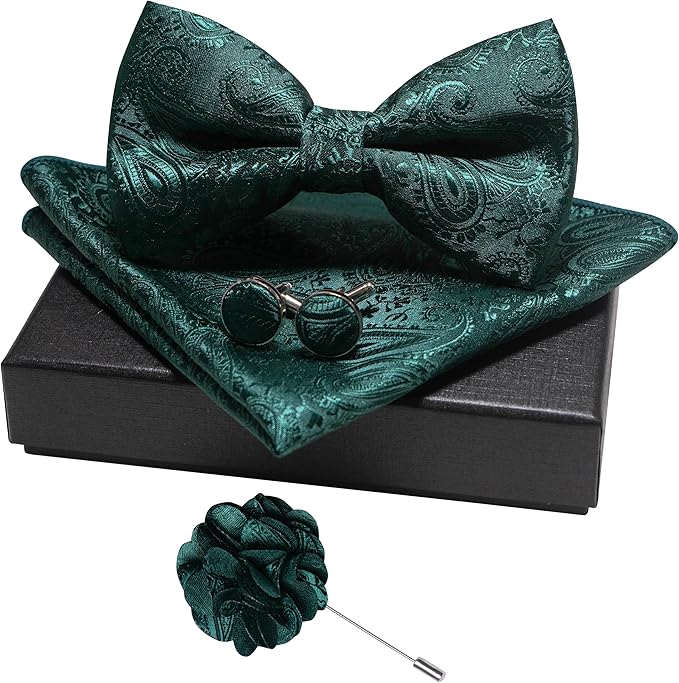 JEMYGINS Mens Paisley Bow Tie and Lapel Pin Necktie Pocket Square and Tie Clip with Sets for Business Casual 4PCS
