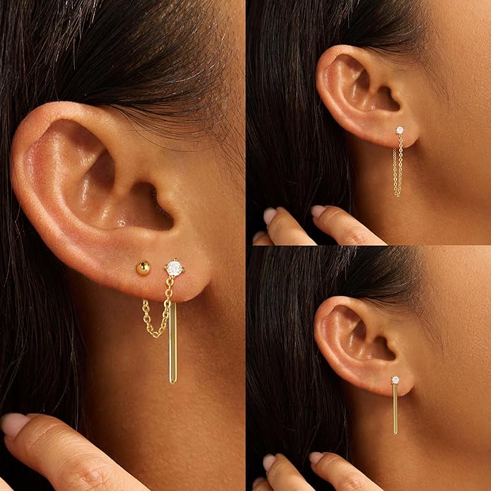 Freekiss Gold Chain Studs Earrings for Women Trendy: Hypoallergenic 14K Gold Plated Dangle Earrings Dainty Small Long Chain Earring Set Fashion Gold Jewelry for Women