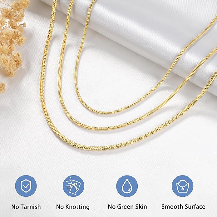 Jewlpire 1.5mm Snake Chain 18K Gold Plated 925 Sterling Silver Chain Necklace for Women, Dainty & Smooth & Shiny Womens Chains Necklace, 16 18 20 22 24 Inch