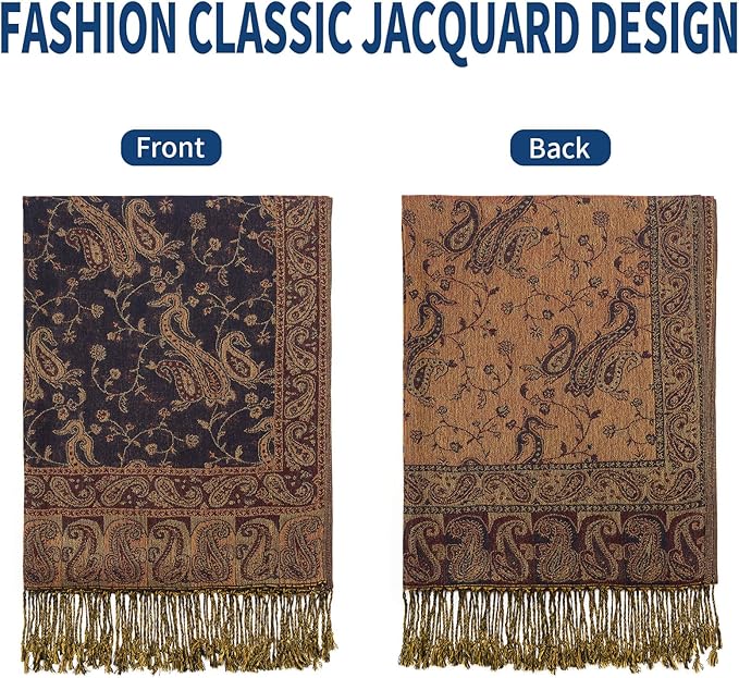 QIUTIMIY Paisley Pashmina Shawl Wrap Women Reversible Vintage Jacquard Pashmina Rave Scarf with Fringe for Evening, Wedding