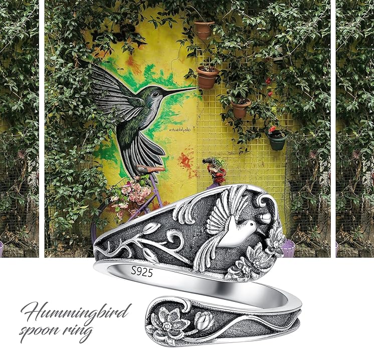 Spoon Ring Sterling Silver Hummingbird Ring Vintage Antique Spoon Rings Adjustable Thumb Rings for Women