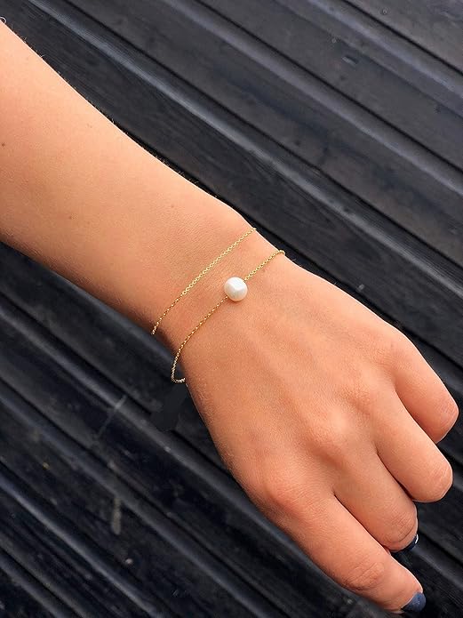 14K Solid Gold Pearl Necklace for Women, Real Freshwater Cultured Pearl Pendant Necklace 7.5mm Dainty Single Sliding Pearl Design Adjustable Necklaces Fine Jewelry Gift for Her, Mom, Wife 16"-18"