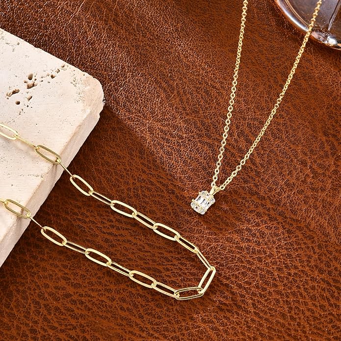 Gold Layered Necklaces for Women, 14K Gold Plated Dainty Necklace Set with Paperclip, Adjustable Trendy Gold Jewelry Stackable Gift