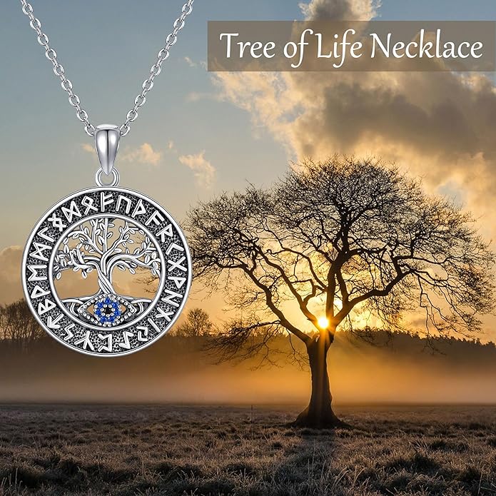Tree of Life Necklace 925 Sterling Silver Evil Eye Pendant Viking Necklace Tree of Life Jewelry Gifts for Women Men