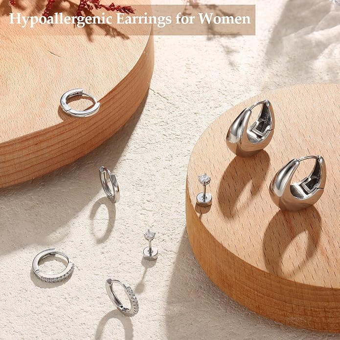 BESTEEL Small Hoop Earrings for Women - Hypoallergenic 14K Gold Plated Surgical Steel Chunky Huggie Earings Stacks Set Dainty Cute Cartilage Flat Back Stud Jewelry Trendy Gift 4 Pairs