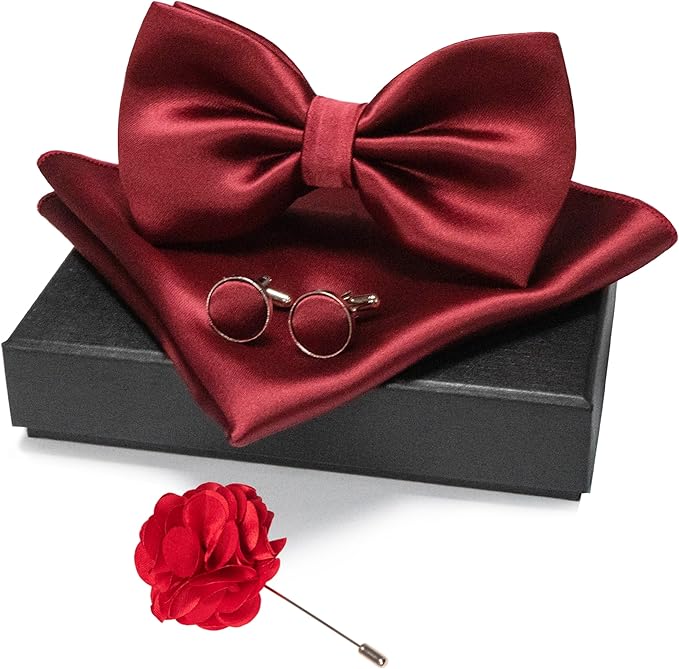 JEMYGINS Solid Color mens Pre-tied Bow Tie and Pocket Square Cufflinks Sets with Gift Box