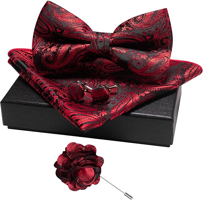 JEMYGINS Mens Paisley Bow Tie and Lapel Pin Necktie Pocket Square and Tie Clip with Sets for Business Casual 4PCS