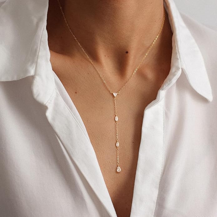 Lariat Necklace for Women, Dainty 14K Gold/Silver Plated Long Necklaces for Women Trendy Simple Layered Y-Shaped Drop Pendant Necklace Adjustable Gold Jewelry Gifts For Her Christmas Stocking Stuffer