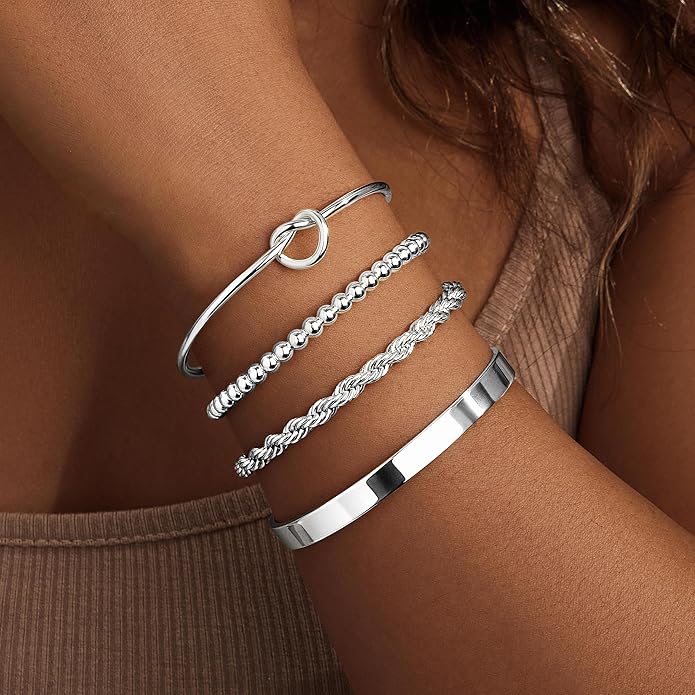 Silver Bracelets for Women Stack, Silver or Gold Plated Cuff Bangle Set, Trendy Silver Jewelry for Women Fashion