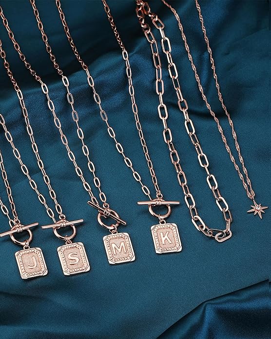 MJartoria Layered Initial Necklaces for Women Trendy, 14K Gold Plated Brass Simple Star Choker Square Letter Pendant Necklace, Paperclip Chain Necklaces Jewelry Gifts