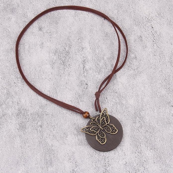 Long Boho Necklaces for Women Vintage Leather Wooden Pendant Y Choker Ethnic Style Gold Circle Hippie Sweater Necklace