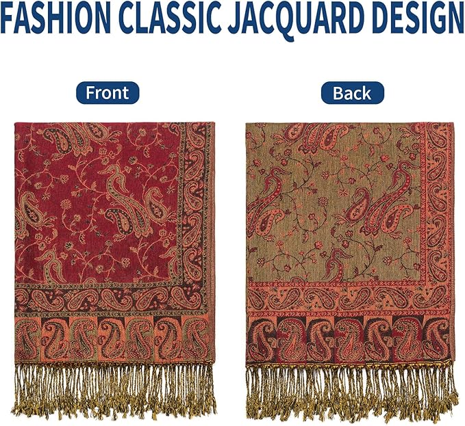 QIUTIMIY Paisley Pashmina Shawl Wrap Women Reversible Vintage Jacquard Pashmina Rave Scarf with Fringe for Evening, Wedding