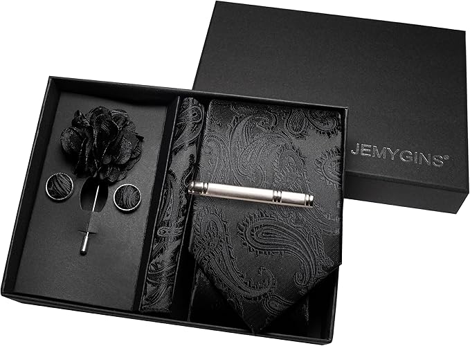 JEMYGINS Mens Paisley Tie and Pocket Square,Lapel Pin,Cufflinks,Tie Clip Sets with Gift Box 5PCS