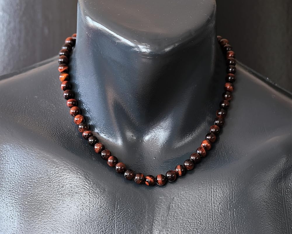 Natural Red Tiger Eye Beaded Choker, Genuine Red Crystal Necklace, Fancy Gemstone Choker, 8mm Beads, Unique Fashion Jewelry, Healing Crystal Chakra Necklace, Durable Necklace, Capricorn Necklace