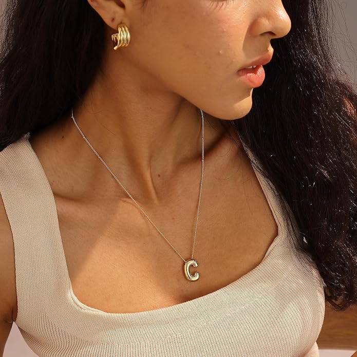 Initial Necklaces for Women, 14k Gold Plated Bubble Letter Necklace Chunky Gold Necklace Dainty Charm Initial Necklaces for Women Trendy Custom Preppy Stocking Stuff Necklace Christmas Gifts
