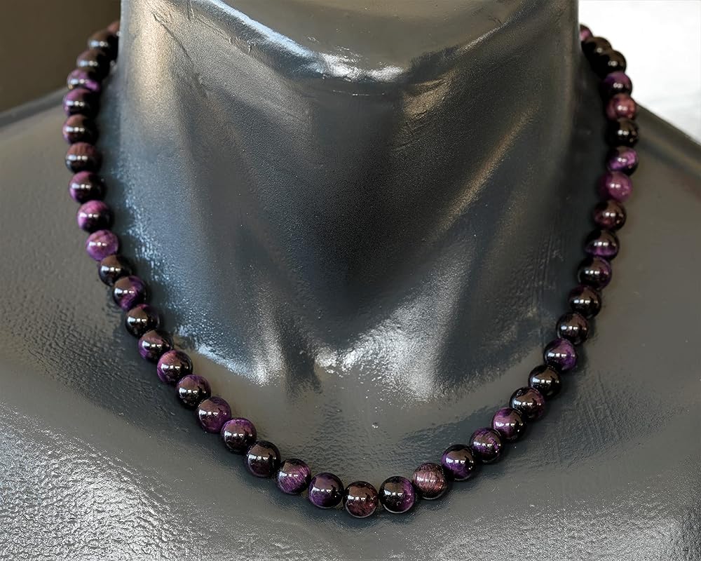 Natural Purple Tiger Eye Beaded Choker, Genuine Purple Crystal Necklace, Fancy Gemstone Choker, 8mm Beads, Unique Fashion Jewelry, Healing Crystal Chakra Necklace, Durable Stone Necklace, Leo Necklace
