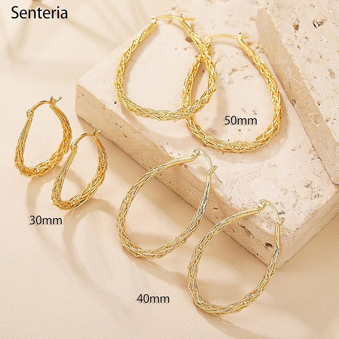 Senteria Sterling Silver Hoop Earrings - Medium, Lightweight, Thick Twist Oval Hoops