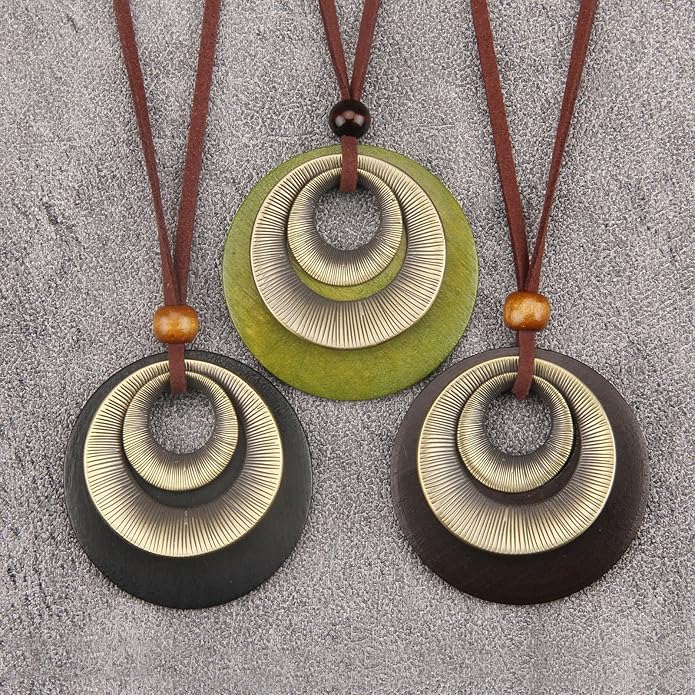 Boho Necklaces for Women Chunky Circle Necklace Layered Boho Circle Leather Choker Necklace Long Vintage Necklaces Bohemian Jewlery Gifts