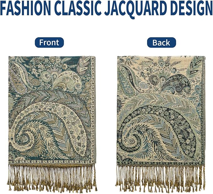 QIUTIMIY Paisley Pashmina Shawl Wrap Women Reversible Vintage Jacquard Pashmina Rave Scarf with Fringe for Evening, Wedding