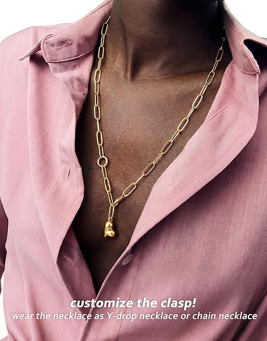 UBGICIG Honeycomb Layered Pendant Necklaces for Women Stackable, Dainty Y-Shaped Lariat Paperclip Pearl Heart Necklace, 16K Gold Silver Plated Long Necklaces Women's Trendy Drop Chain Necklace Jewelry
