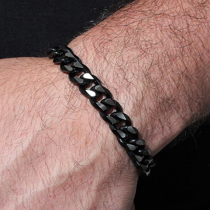 Stainless Steel Black Cuban Link 10.5MM Extra Wide 24" Chain and Matching 8.5" Bracelet with Secure Lobster Claw Clasp - Jewelry Gift Set for Men
