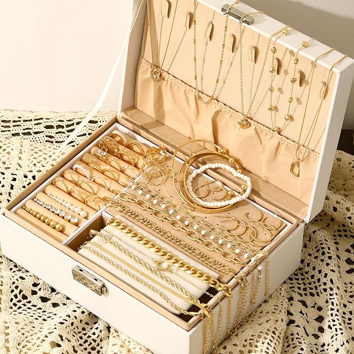 FAXHION 68 Pcs Gold Jewelry Set for Women with 7 Necklace, 17 Bracelet, 5 Hoop Earrings, 15 Stud Earrings, 24 Knuckle Rings for Women Jewelry Set for Women