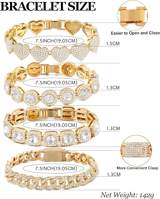shopbyskyler 4PCS Gold Bracelets for Women Silver Clustered Tennis Bracelet for Women Heart Round Diamond Cuban Bracelet Layered Link Bracelet Set Fashion Jewelry for Women Set