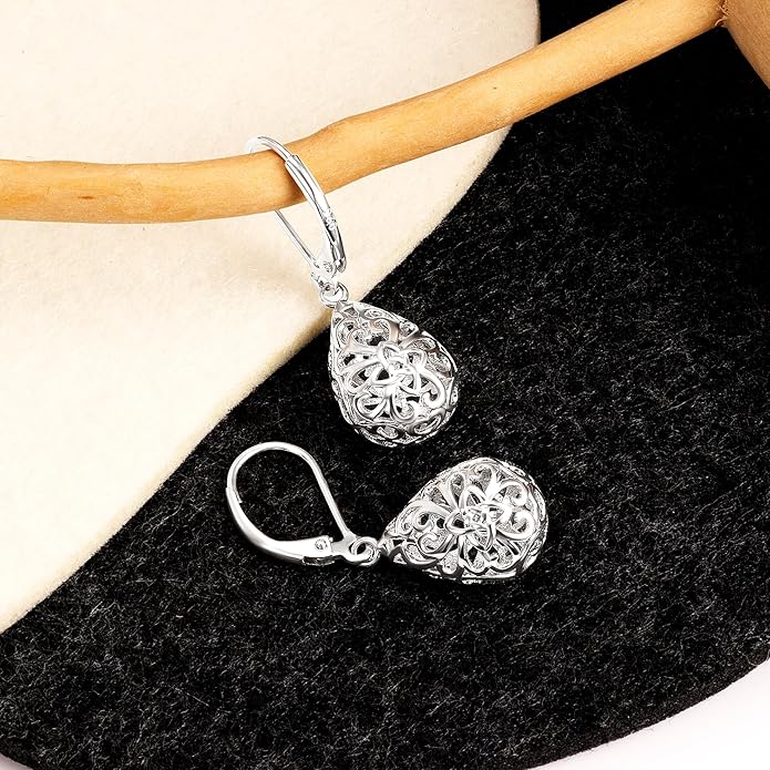 925 Sterling Silver 14K Gold French Style Leverback Earrings, Heart Dangle Drop Earrings for Women Hypoallergenic Jewelry