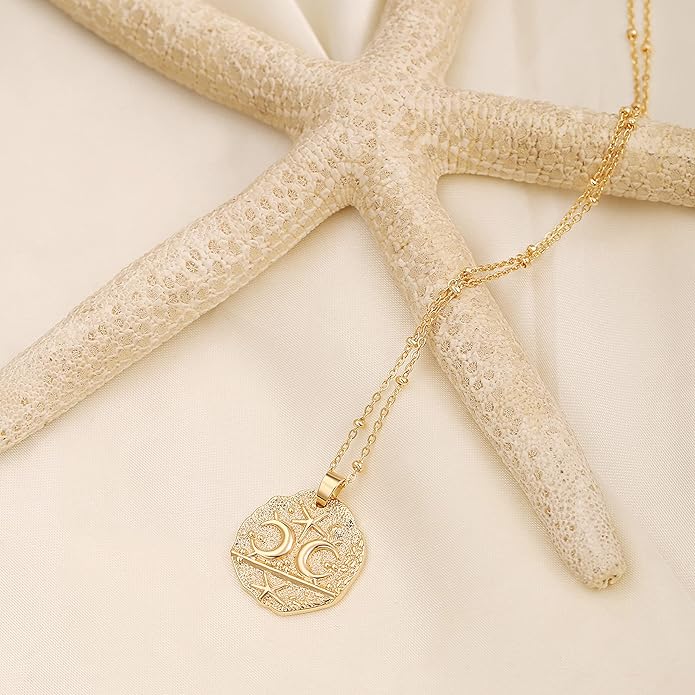 CANEVINKA 18K Gold Plate Coin Pendant Necklace for Women Dainty Compass Sunflower Necklaces Personalized Chain Layered Jewelry