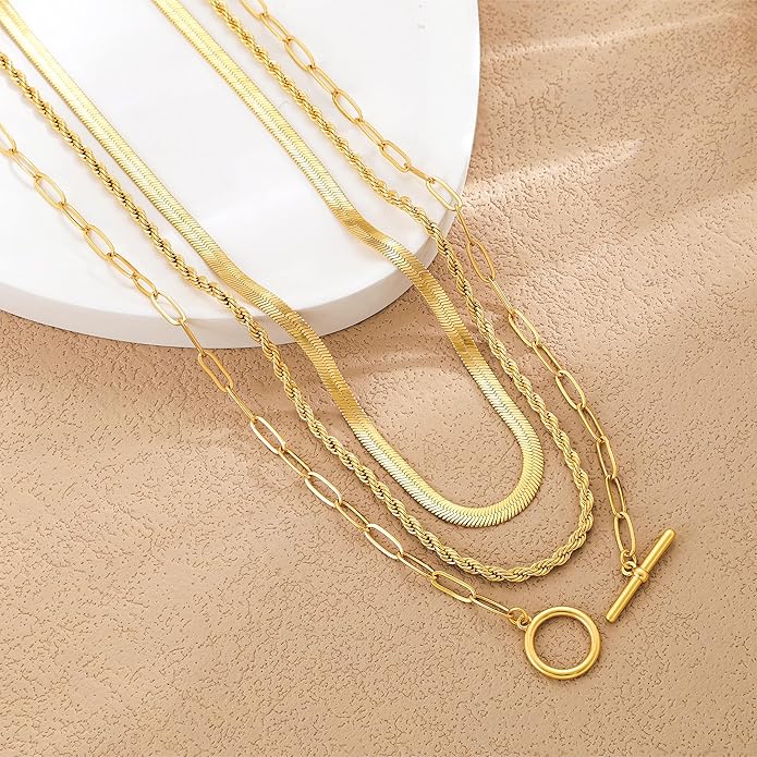 Freekiss Gold Layered Toggle Necklaces for Women: 14K Gold Plated Dainty Link Chain Necklaces Paperclip Cuban Rope Adjustable Choker T-Bar Toggle Clasp Chunky Necklace for Women Trendy Jewelry