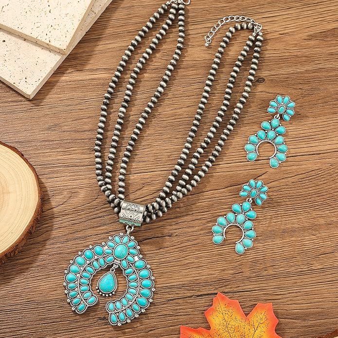 KLSURPRISE2 Western Jewelry Sets for Women – Turquoise Necklace and Earring Set Vintage Boho Cowgirl Accessories Country Jewelry Gift for Her