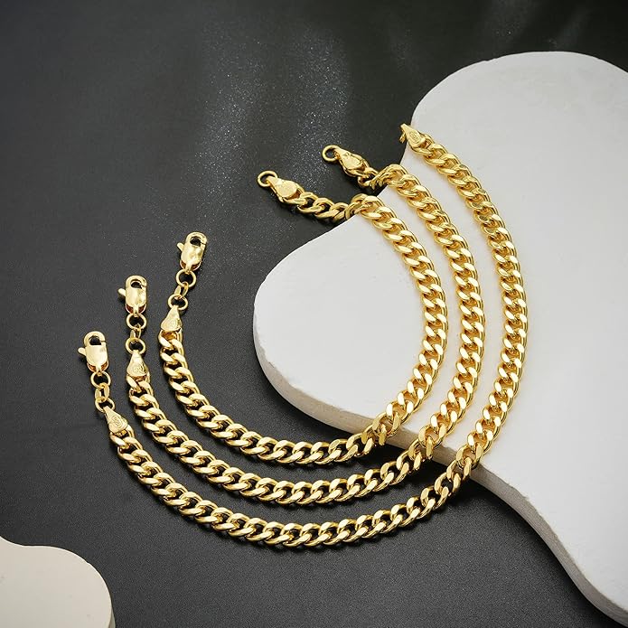 Cuban Link Bracelet for Men, 18K Gold Over Sterling Silver 6MM Cuban Link Bracelet Diamond Cut Cuban Chain Mens Bracelet Gifts for Boyfriend Father Husband
