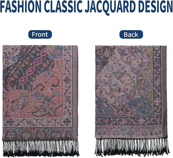 QIUTIMIY Paisley Pashmina Shawl Wrap Women Reversible Vintage Jacquard Pashmina Rave Scarf with Fringe for Evening, Wedding