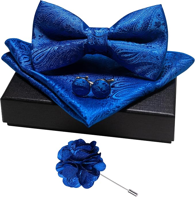 JEMYGINS Mens Paisley Bow Tie and Lapel Pin Necktie Pocket Square and Tie Clip with Sets for Business Casual 4PCS