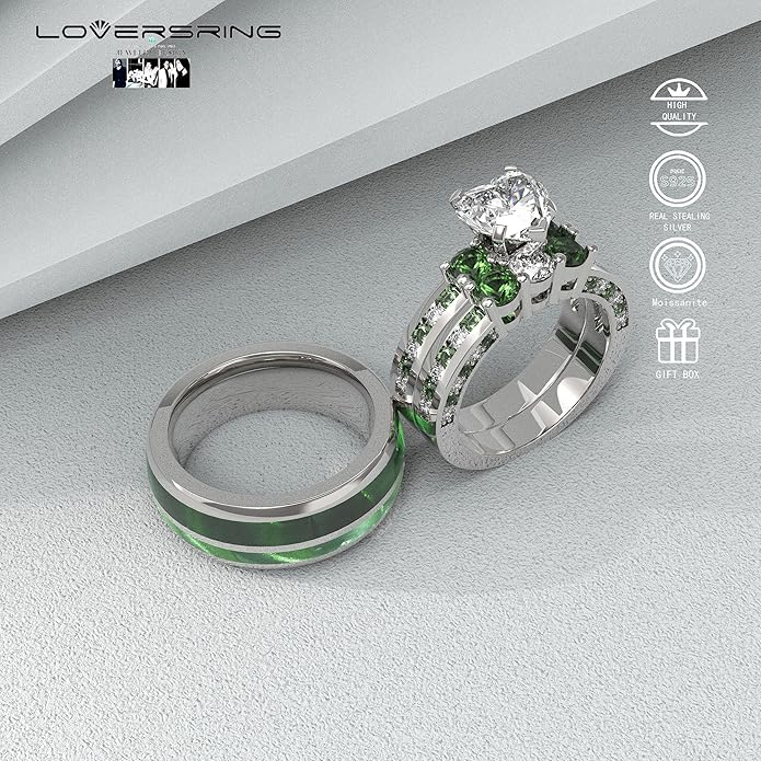 TWO RINGS Wedding Ring Sets His And Hers Promise Ring Couples Bridal Sets Women 925 Sterling Silver square Cz Man Stainless Steel Brushed Finished Wedding Bands