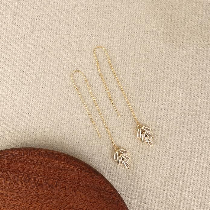 Gold Earrings for Women,Dainty 14k Gold Plated Pearl Drop Earring Dangle Pearl Dangling Earrings for Women Trendy Small Cute Wedding CZ Earring Long Chain Threader Prom Jewelry Gifts