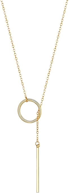 FOCALOOK Long Necklaces for Women 14K Gold Plated Dainty Drop Bar Pendant Lariat Y-Shaped Necklace Earring Set 28inch/73cm