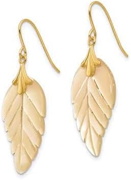 14k Yellow Gold and Mother of Pearl Leaf Dangle Drop Earrings