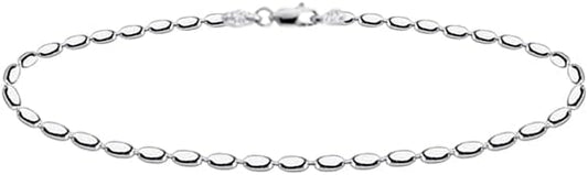 Savlano 925 Sterling Silver Oval Rice Bead Strand Chain Anklet For Women - Made in Italy Comes With a Gift Box