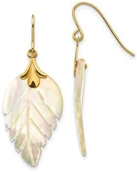 14k Yellow Gold and Mother of Pearl Leaf Dangle Drop Earrings