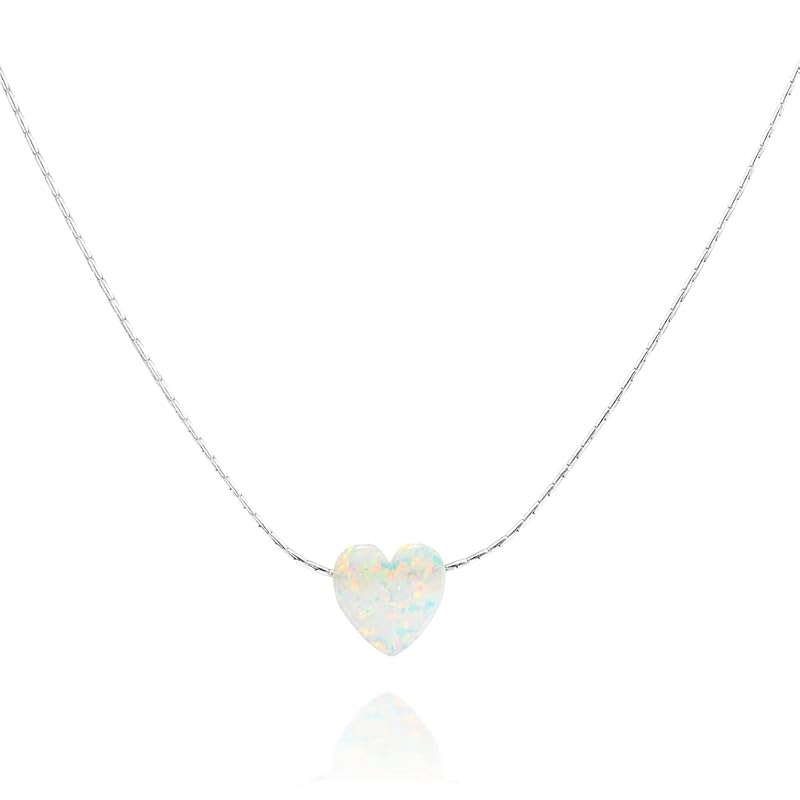 White Opal Heart On Sterling Silver 925 Choker Necklace - Designer Handmade Minimal Necklace for Women - Length: 13.5 inch + 3 inch Extender (sterling silver, white)