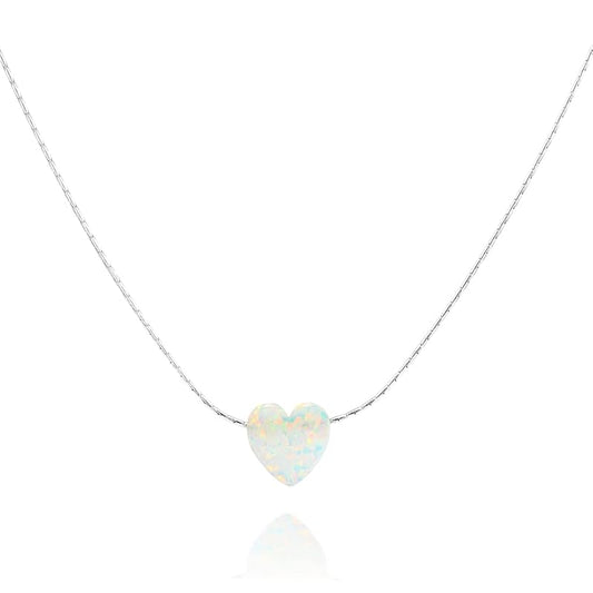 White Opal Heart On Sterling Silver 925 Choker Necklace - Designer Handmade Minimal Necklace for Women - Length: 13.5 inch + 3 inch Extender (sterling silver, white)