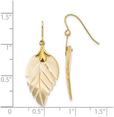 14k Yellow Gold and Mother of Pearl Leaf Dangle Drop Earrings